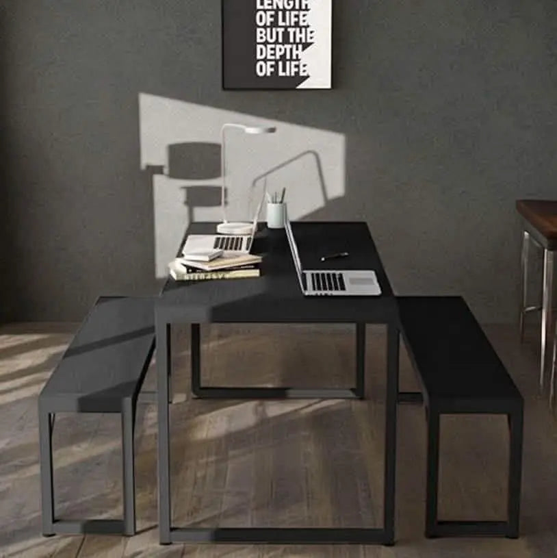 ترابيزة سفرة مع 2 بنش معدن بسطح خشب