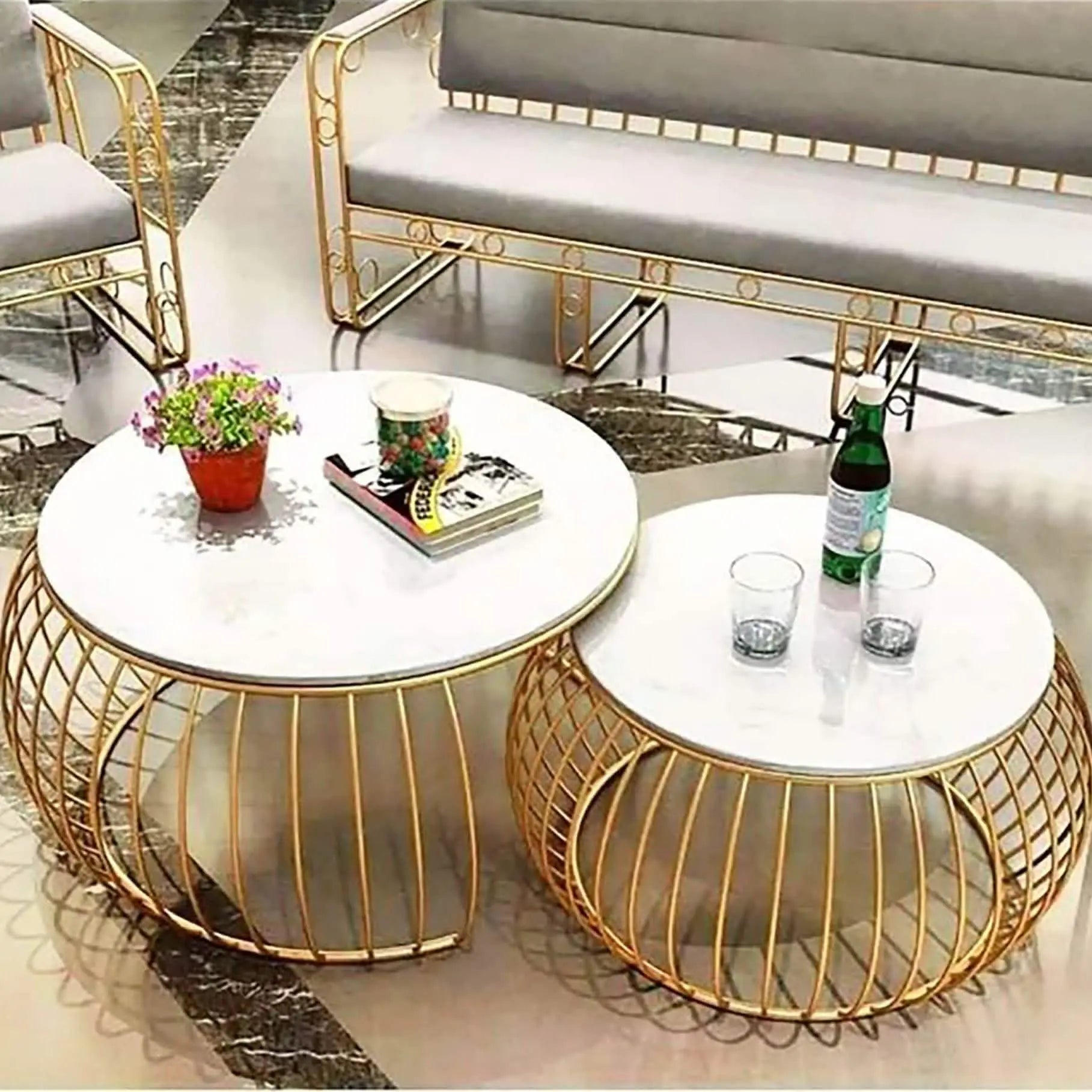 طقم ترابيزات قهوة معدن بسطح رخام