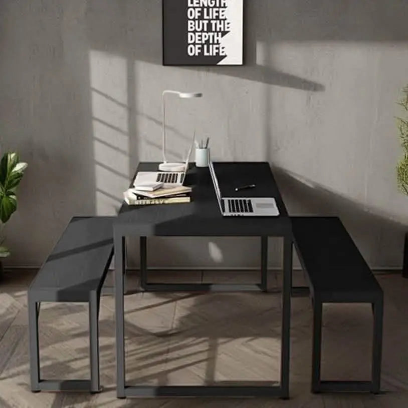 ترابيزة سفرة مع 2 بنش معدن بسطح خشب