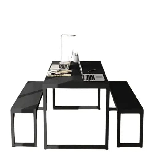 ترابيزة سفرة مع 2 بنش معدن بسطح خشب