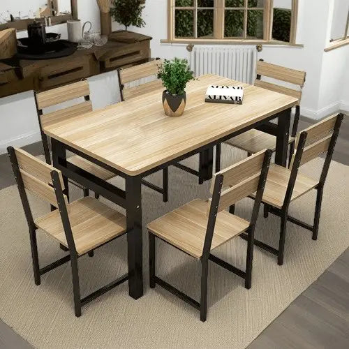 سفرة طعام مع 6 كراسي معدن بسطح خشب