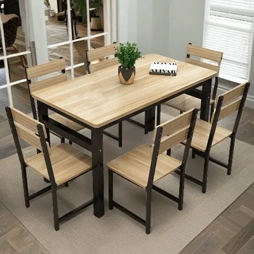 سفرة طعام مع 6 كراسي معدن بسطح خشب