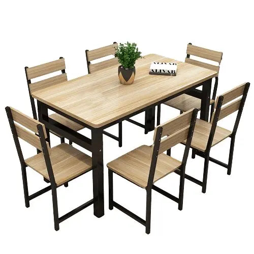 سفرة طعام مع 6 كراسي معدن بسطح خشب